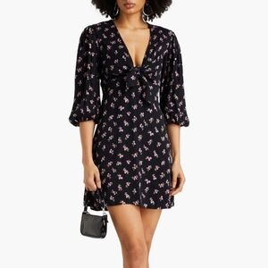 Maje Muguet Knotted Floral Cupro-blend Mini Dress, Black and Pink, 34/XS